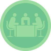 Badge showing three people meeting at a desk