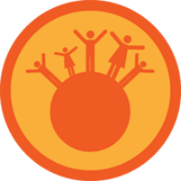 Badge showing lots of people standing with arms outstretched on a small planet
