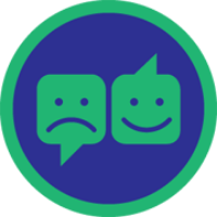 A badge showing two chatboxes with a happy and sad face respectively