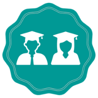 Badge with two people wearing graduation gowns