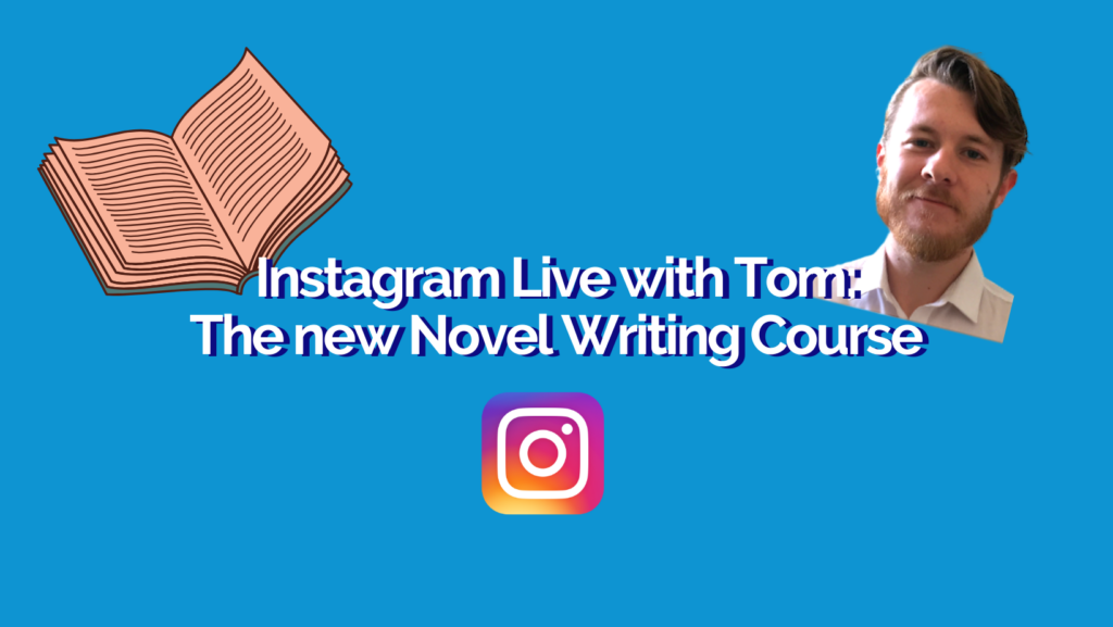 A blue background with an image of Tom, an open book, and the Instagram logo
