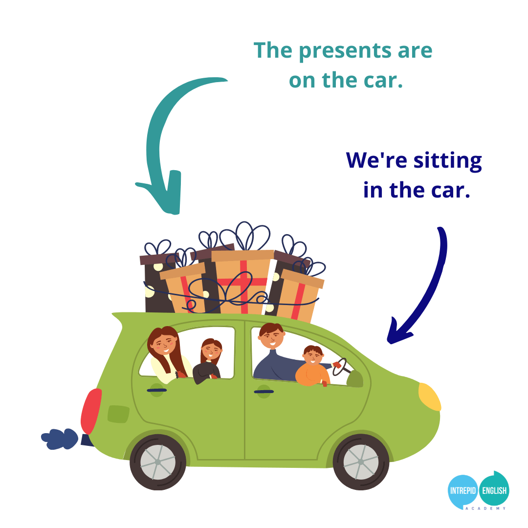 A cartoon family in a green car with present on the roof rack of the car.