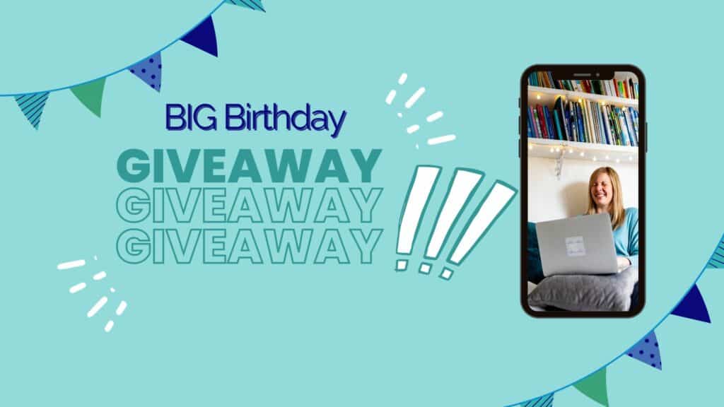 The words 'Big Birthday Giveaway' in bold text, an image of Lorraine looking excited with a laptop on her lap. There is bunting in the corner of the image in the Intrepid English brand colours.